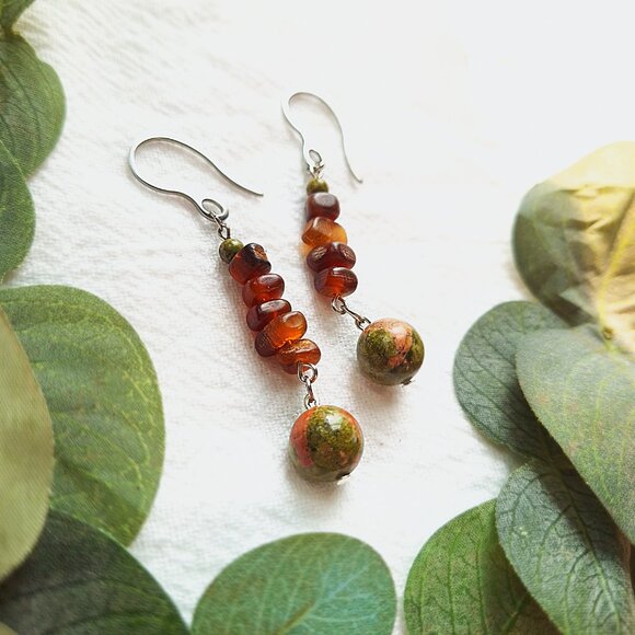 Earthy Boho Gemstone Earrings, Unakite & Sea Glass Earrings, Rustic Western - Picture 2 of 7